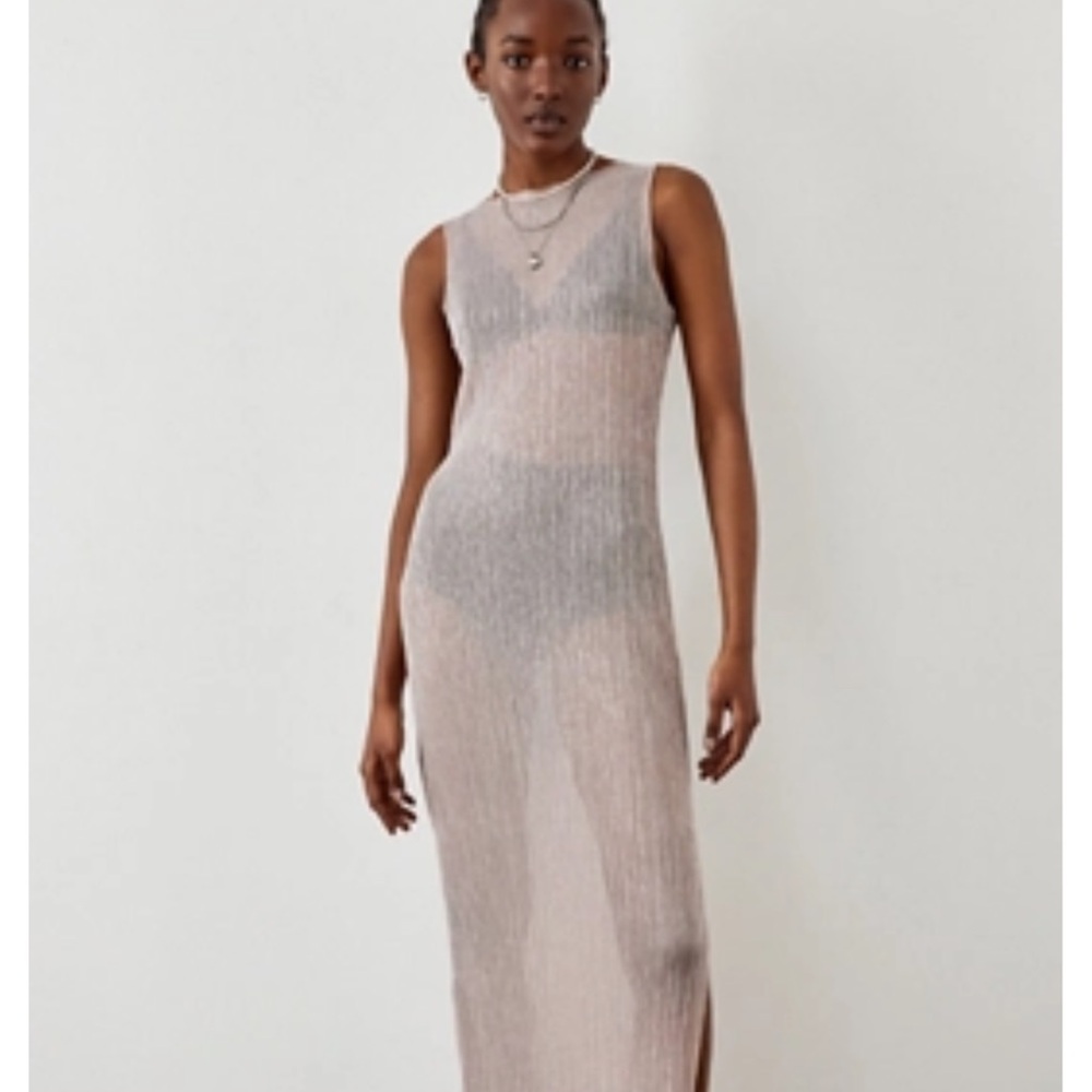 Archive At UO Pink Sheer Shimmer Plisse Dress